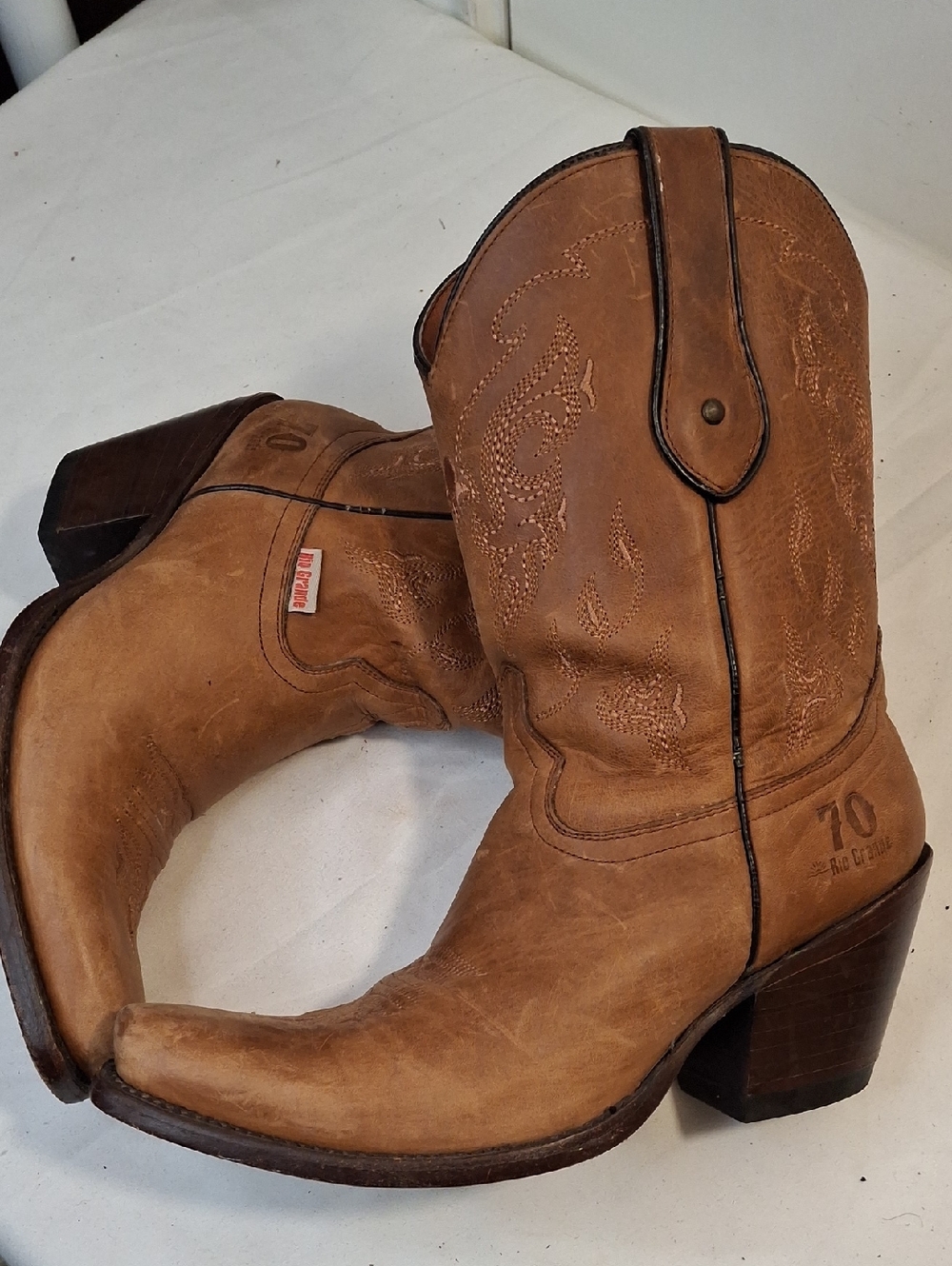 Rio Grande Brand Women's Tan Suede/Leather Square Toe Cowboy Boots. Embroidered